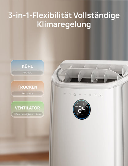 DREO 12000 BTU Mobiles Klimagerät (3-in-1 Kühlen/Ventilieren/Entfeuchten), leise für Schlafzimmer/Büro, Steuerung per App/Sprachbefehl/Fernbedienung, drainagefrei, Fenster-Set, 3,2 L/h, AC516S