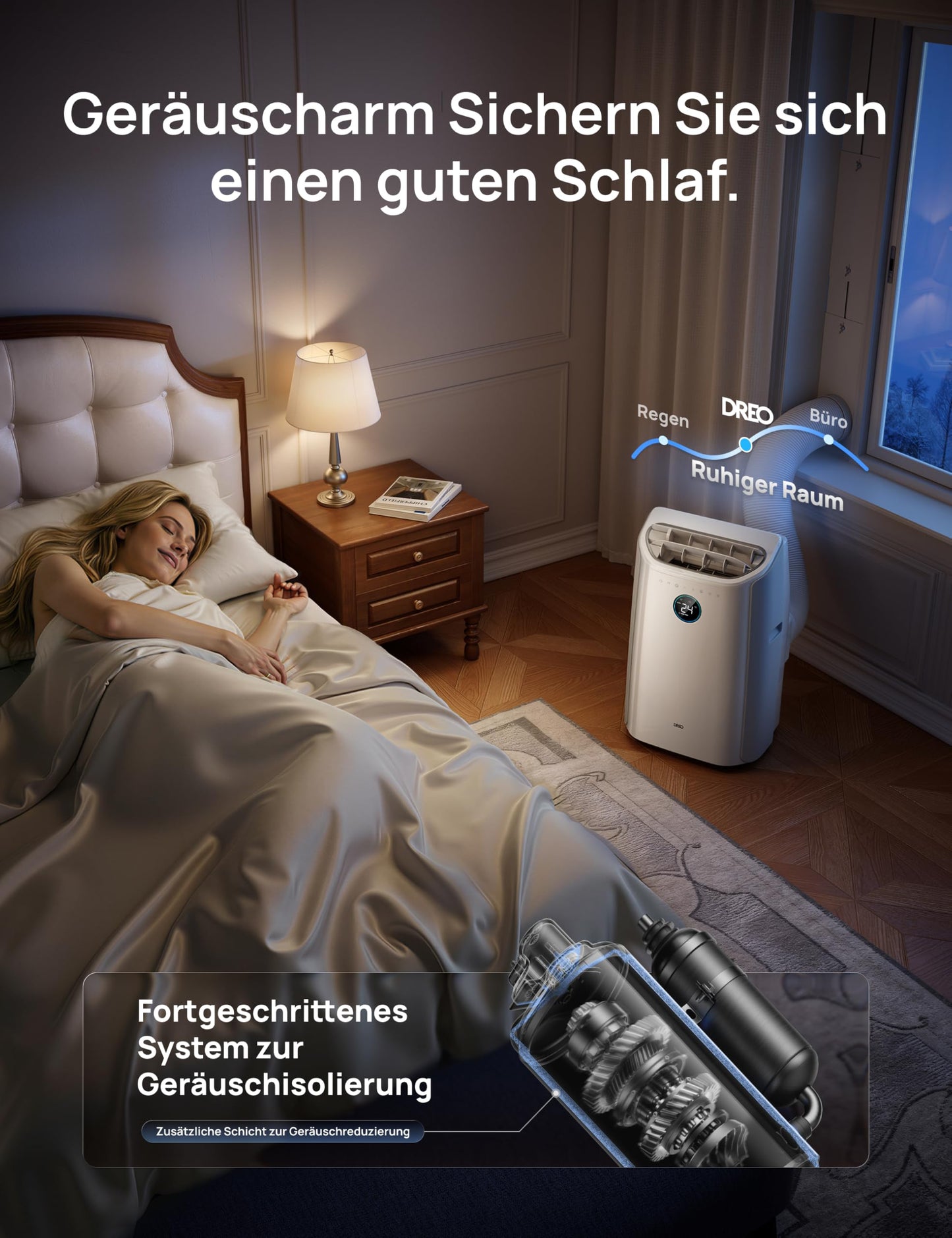 DREO 12000 BTU Mobiles Klimagerät (3-in-1 Kühlen/Ventilieren/Entfeuchten), leise für Schlafzimmer/Büro, Steuerung per App/Sprachbefehl/Fernbedienung, drainagefrei, Fenster-Set, 3,2 L/h, AC516S