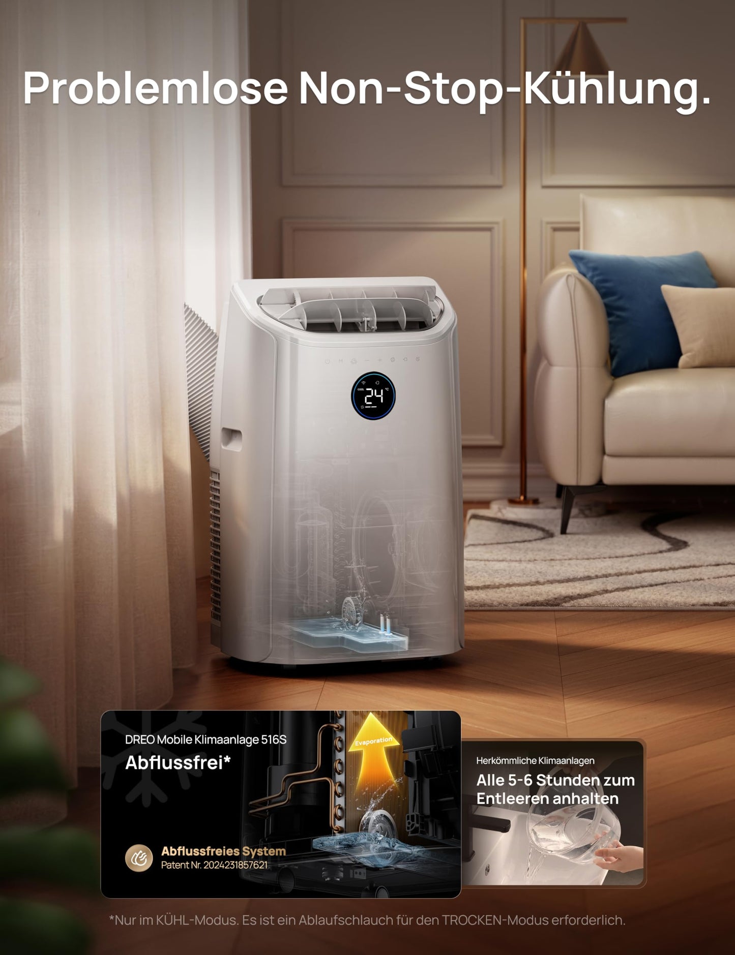 DREO 12000 BTU Mobiles Klimagerät (3-in-1 Kühlen/Ventilieren/Entfeuchten), leise für Schlafzimmer/Büro, Steuerung per App/Sprachbefehl/Fernbedienung, drainagefrei, Fenster-Set, 3,2 L/h, AC516S