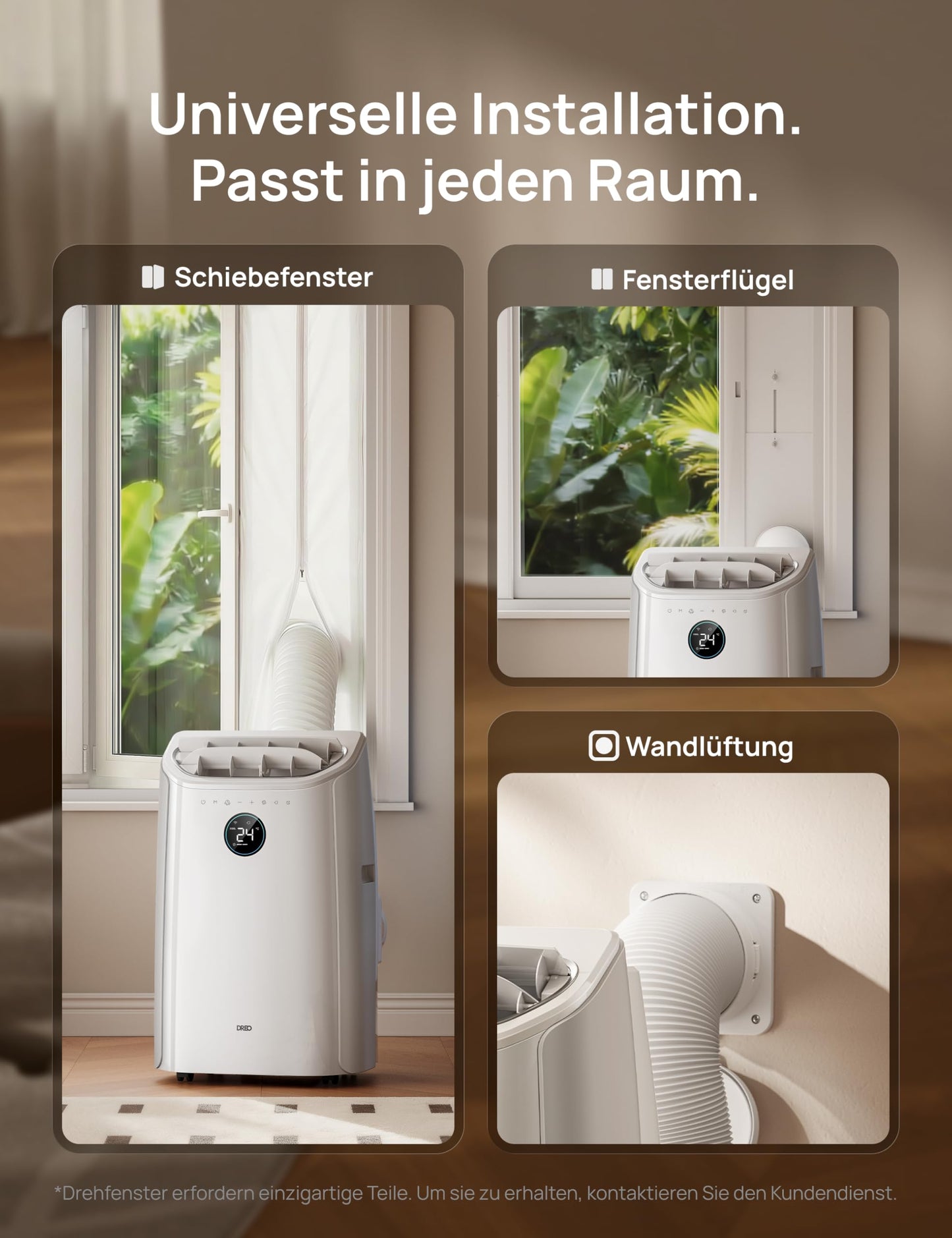DREO 12000 BTU Mobiles Klimagerät (3-in-1 Kühlen/Ventilieren/Entfeuchten), leise für Schlafzimmer/Büro, Steuerung per App/Sprachbefehl/Fernbedienung, drainagefrei, Fenster-Set, 3,2 L/h, AC516S